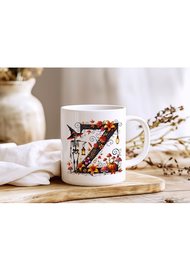 Z Harfi Şapkalı İskelet Figürlü Ve Çiçekli Kupa Bardak - Cadılar Bayramı / Halloween Özel Hediye Beyaz