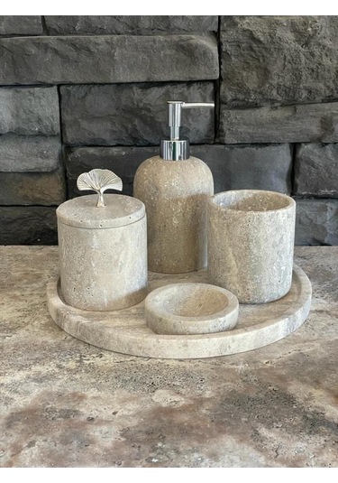 Yeni Silver Gümüş Traverten Mermer 5'li Banyo Seti Beyaz