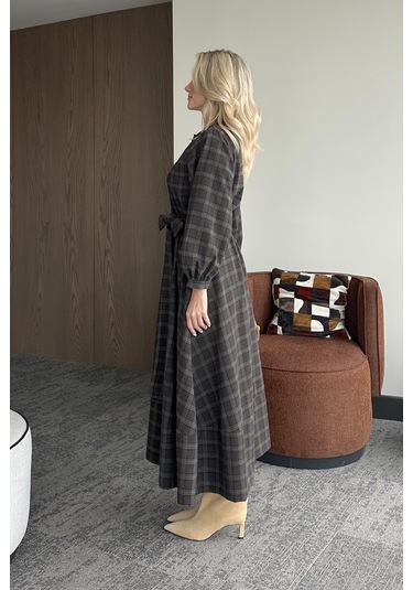 Haki Ekoseli Kuşaklı Uzun Elbise - 1235 Haki