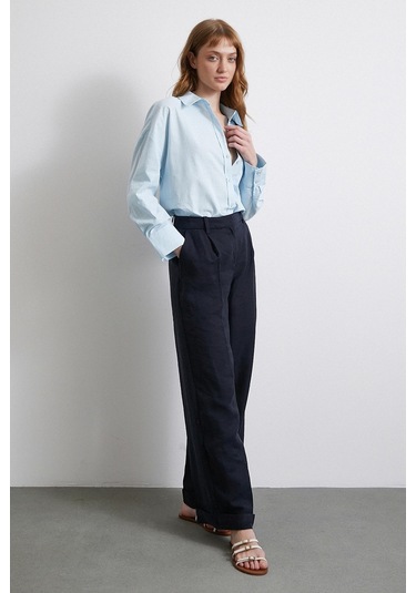 Keten Karışımlı Oversize Gömlek Mavi Mavi