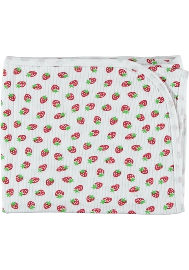 Pamuklu Kaliteli Çilek Desenli Mevsimlik Bebek Battaniye 80 90cm Beyaz