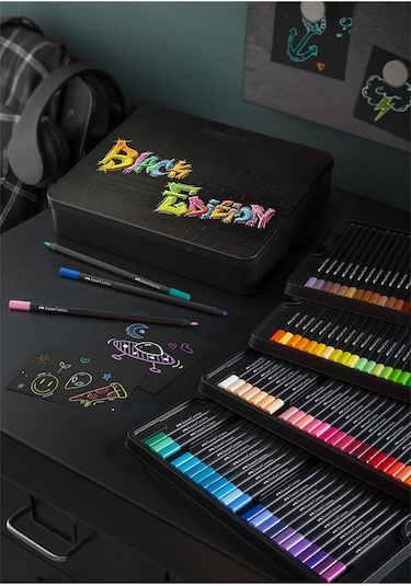 Faber-Castell Black Edition renkli kalemler, 100'lü metal kutu, kırılmaz, çocuklar ve yetişkinler için