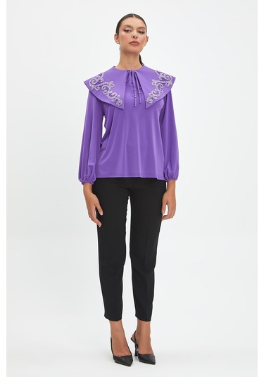 Parıltılı İşlemeli Zarif Yaka Tasarımlı, Balon Kollu Şık Bluz - Özel Günler Ve Günlük Kullanım İçin İdeal Mor