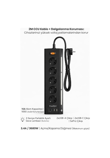 Fulltech Ftr-26 5li Akım Korumalı Priz 2 Usb-a, 2 Usb-c, 3 Kademeli Gece Lambası, 2 Metre Kablo - 36 0.2 M