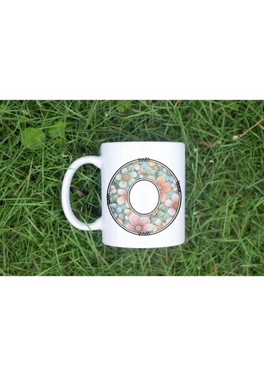 O Harfli Pastel Çiçek Desenli Kahve Kupası - Kişiye Özel Çiçekler Koleksiyonu Bardak - Hediye Beyaz
