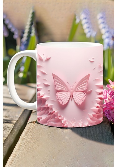 3d Görünümlü Pembe Çiçek Ve Kelebekler No:19 3d Tasarım Baskılı Kupa Bardak Mug Açık Zümrüt Yeşili