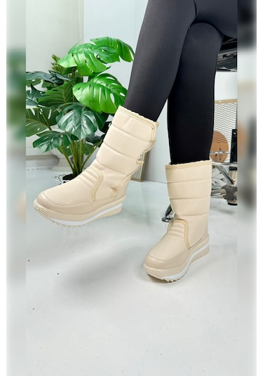 Nstil Alves Unisex Kadın - Erkek - Çocuk Kar Botu İçi Kürklü Cırt Cırtlı Kaymaz Taban Ayakkabı 802 Bej