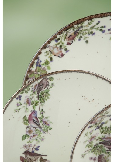 Retro Birds Porselen Akıtma 6 Kişilik 24 Parça Yemek Takımı Bej