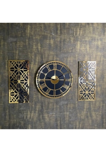 Bymelekoğlu 3'lü Roma Rakamlı Gold Duvar Saati Altın - Siyah