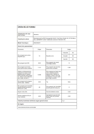 Siemens SN23II62KT 6 Programlı 13 Kişilik Bulaşık Makinesi