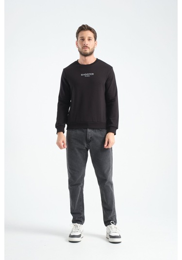 Shooter Sportswear Erkek Deluxe Sweatshirt Ekru Baskı Detaylı Standart Kalıp Siyah