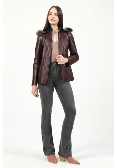 Dericlub Mistral Kadın Kapüşonlu Hakiki Deri Kaban Bordo Bordo