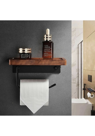 Pazly 20 Cm Masif Ahşap Tuvalet Kağıtlığı, Banyo İçin Yapışkanlı Tutucu, Ceviz Ahşap Diğer