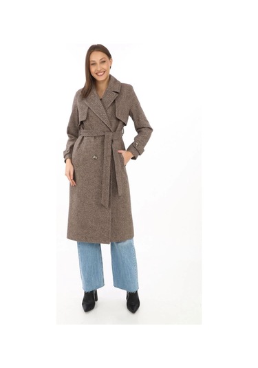 Kadın Balık Sırtı Yünlü Dokuma Kaşe Kaban Kruvaze Yaka, Kuşaklı, Cepli, Astarlı Uzun Boy Tesettür Vizon