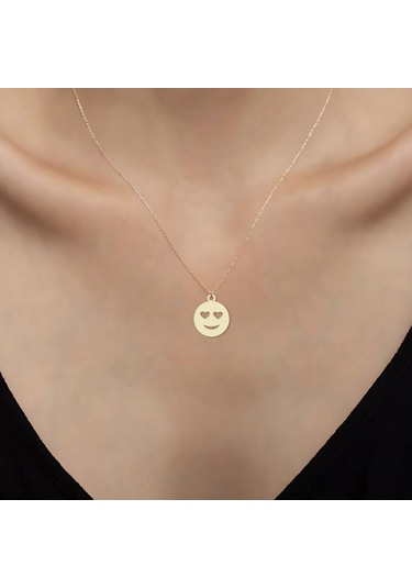 14 Ayar Altın Plakalı Kalpli Göz Emojisi Motifli Doğum Günü Hediyesine Özel Altın Kolye-806 Kalpli Göz Emojisi