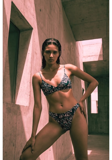Akdeniz Yelkenli Ve Dalga Desenli Premium Üçgen Bikini Set -3465 Lacivert