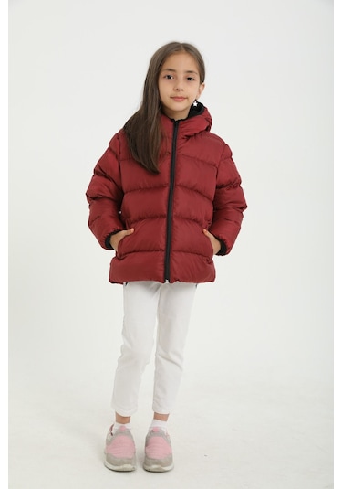 Kız Çocuk Bordo İçi Polarlı Kapüşonlu Su Geçirmez Rüzgara Dayanıklı Cepli Şişme Kışlık Mont Bordo