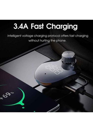 Rock Space B302 18w Qc3.0 Çift Usb Dijital Ekran Bluetooth Araç Şarj Cihazı, 64gb U Disk Ve Tf Kart Desteği / Fm / Aux / Ahizesiz Arama Siyah