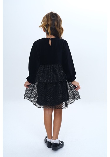 Toontoy Kız Çocuk Kadife Kat Kat Fırfır Detaylı Elbise Siyah