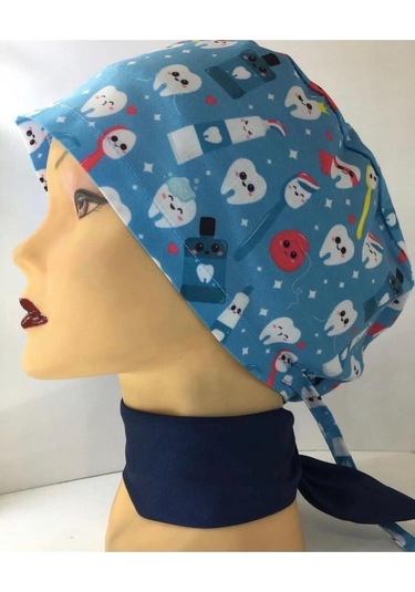 Likralı Doktor, Hemşire Bonesi, Cerrahi Bone, Dişçi Desenli Renkli Bone, Medikal Bone Mavi - Beyaz