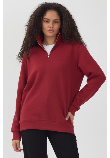 Unisex Regular Fit Rahat Kesim Pamuklu Içi Polarlı Yarım Fermuarlı Bordo Dik Yaka Sweatshirt Bordo