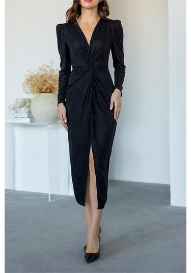 Kadın Büzgü Detaylı Simli Gece Elbisesi Dpnbmy3633 Siyah