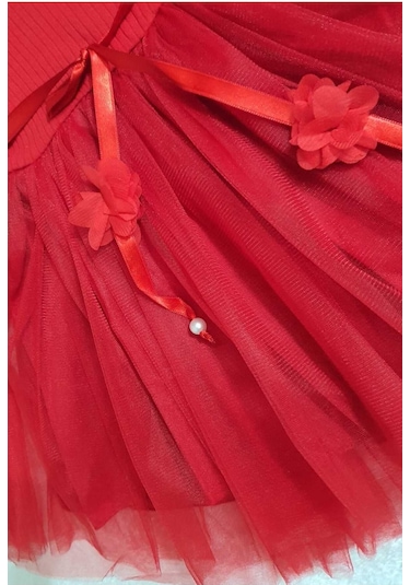 Kız Çocuk Özel Gün Doğum Günü Günlük Abiye Hediye Uzun Kollu Kırmızı Tül Detaylı Prenses Elbise Kırmızı