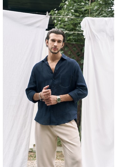 Mai Collection Mai Studios Co. Ombretta Lacivert Keten Oversize Erkek Gömlek Lacivert