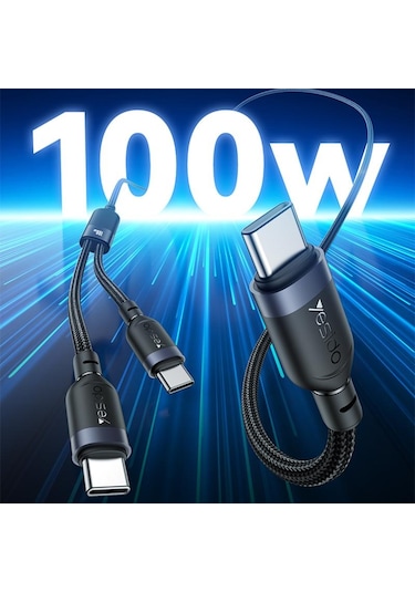 Yesido Ca92 100w 5a Usb-c / Tip-c Çift Tip-c 2 İn 1 Şarj Kablosu, Uzunluk: 1.2m Siyah