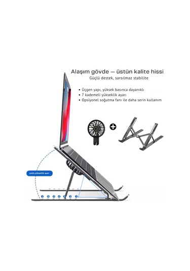 Shopytech Fanlı Katlanır Laptop Notebook Standı 7 Kademeli Yükseklik Alüminyum Alaşım 16 İnc Uyumlu