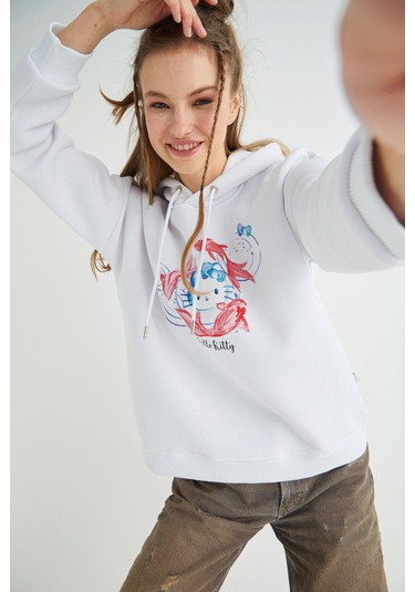 Hello Kitty Lisanslı Baskılı Kapüşonlu Oversize Sweatshirt Renkli