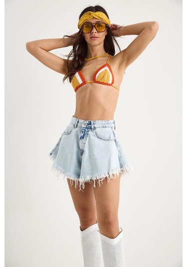 Shade Kadın Püsküllü Yüksek Bel Denim Şort 8026 60283268 - Buz Mavisi