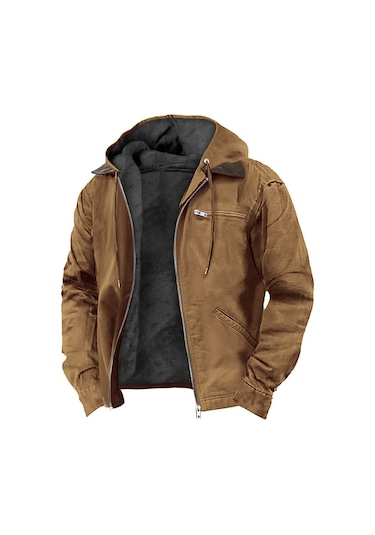 Düz Renk Kapüşonlu Pamuklu Günlük Erkek Giyim Artı Kadife Fermuarlı Cepli Ceket Yeşil