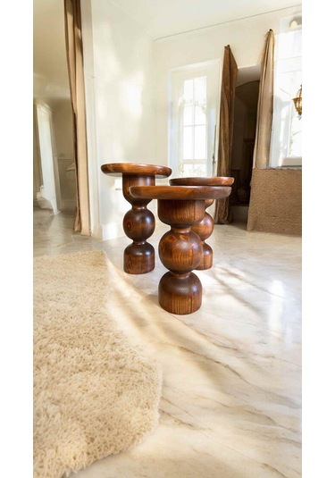 Doğal Ahşap 3 Lü Yan Sehpa Seti Mantar Tasarım, Açık Ceviz Renk