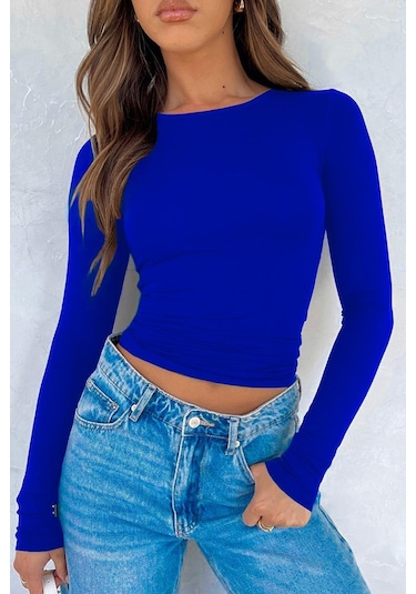 Madmext Saks Bisiklet Yaka Basic Uzun Kollu Bluz Mg1701