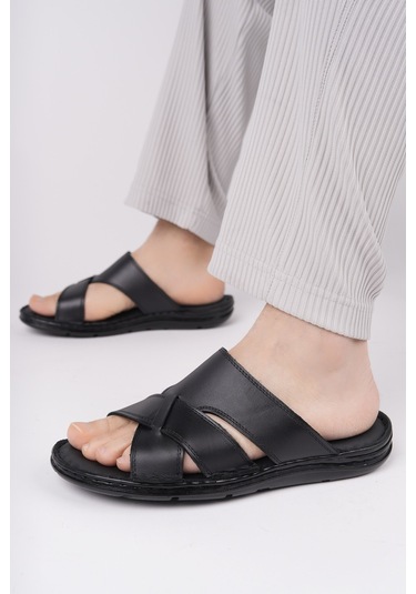 Muggo Eco Garantili Erkek Günlük Hakiki Deri Rahat Yumuşak Taban Ortopedik Terlik Siyah