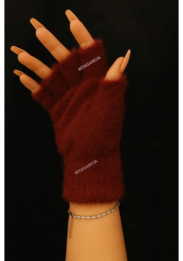 Peluş Kesik Parmak Eldiven Bordo 2