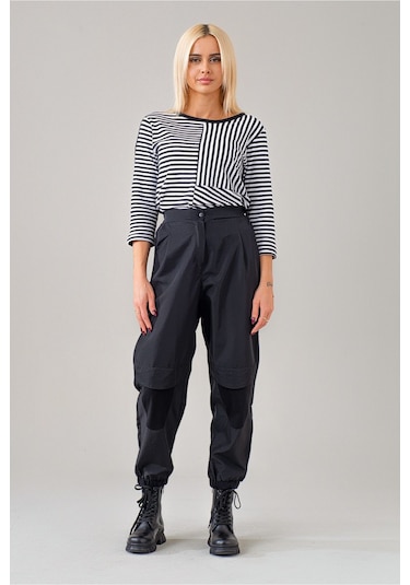 Bold & Young Kadın Siyah Polyamid Karışımlı Beli Lastikli Paça Lastikli Paraşüt Pantolon Siyah