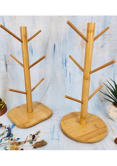 Ahşap Bambu Bardak Kupa Fincan Askılığı Askısı 6 Askılı 2 Adet