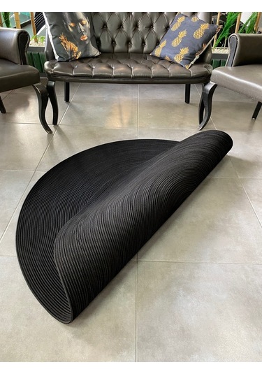 Siyah Jüt Yuvarlak Hasır Görünümlü Klasik Halı Kilim Siyah