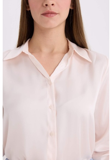 Defacto Regular Fit Basic Düz Saten Uzun Kollu Gömlek E1783ax24wner194 Ekru