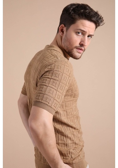Ferraro Camel Polo Yaka Fermuarlı Erkek Pamuk Triko T-Shirt-Kahverengi (490417687) Kahverengi