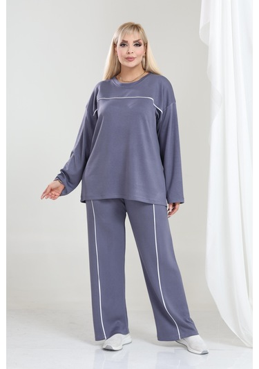 Kadın Büyük Beden Oysho Tarzı Modal Kumaş Uzun Kollu Biyeli Rahat Günlük Takım Gri