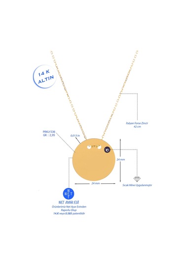 14 Ayar Altın Nazar Gözlü Plaka Altın Kolye 45 Cm Uzunluk 2,5 Cm Çapında Plaka