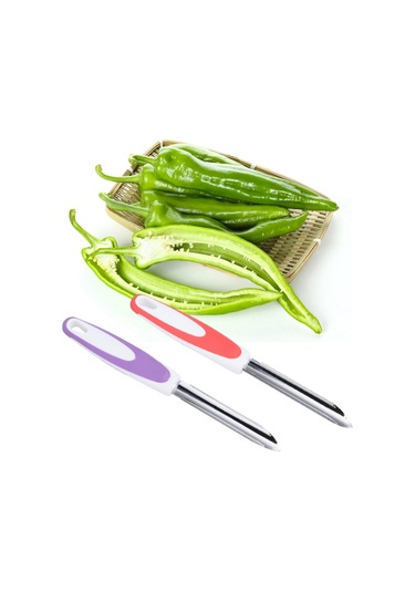 Dofolink Stok Mutfak Aleti: Çelik Biber, Meyve, Sebze Çekirdek Çıkarıcı - Hızlı Kullanım, Oranj-mor Renkli 2 Adet