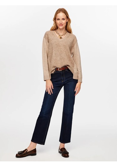 Faik Sönmez Önü Buklet Örgü V Yaka Kadın Triko Bluz W26trb014 Bej