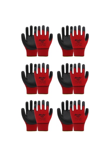 Pn2 Polyester Örme Nitril Eldiven - 6 Çift - Iş Eldiveni Kırmızı Tr