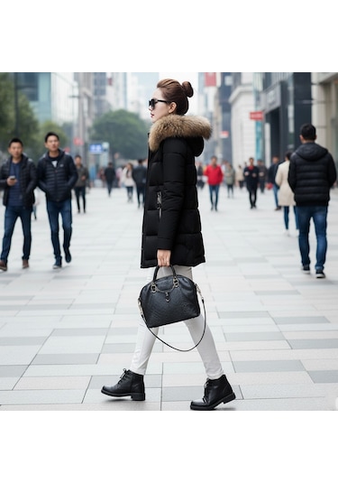 Suni Kürk Yaka Orta Boy Kışlık Kadın Siyah Mont Siyah