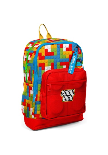 Coral High Dört Bölmeli Kız Ve Erkek Çocuk İlkokul 1-2-3-4. Sınıf Okul Sırt Çantası - Kırmızı Yapı Blokları Çok Renkli
