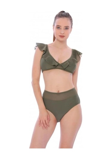 Markahit Argisa Düz Fırfırlı Yüksek Bel Yeni Bikini Haki
